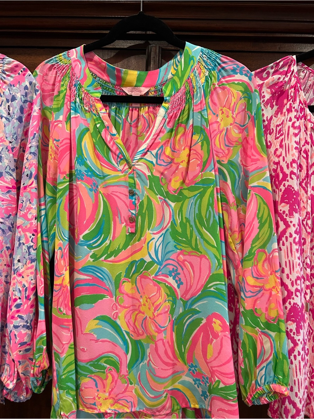 Lilly Pulitzer 100% Silk Pink and Green Floral Peasant Blouse - Bright Multi